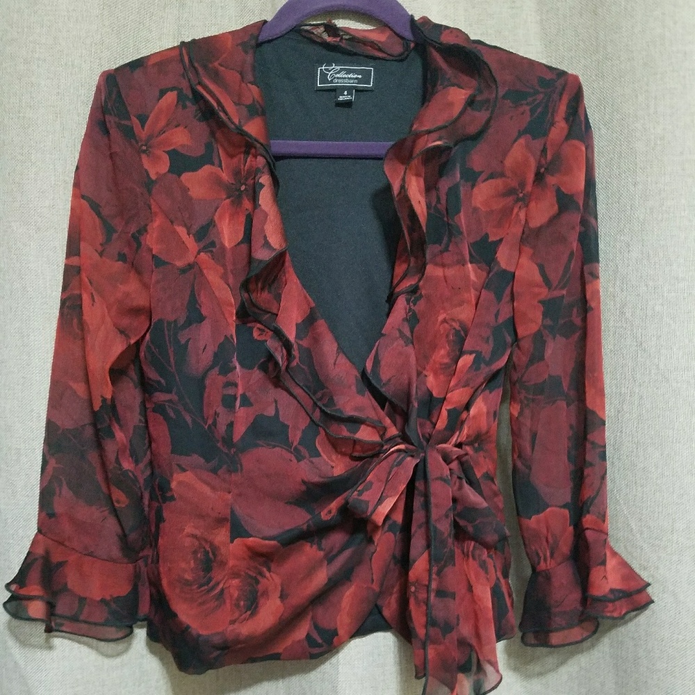 Red floral blazer professional and chic